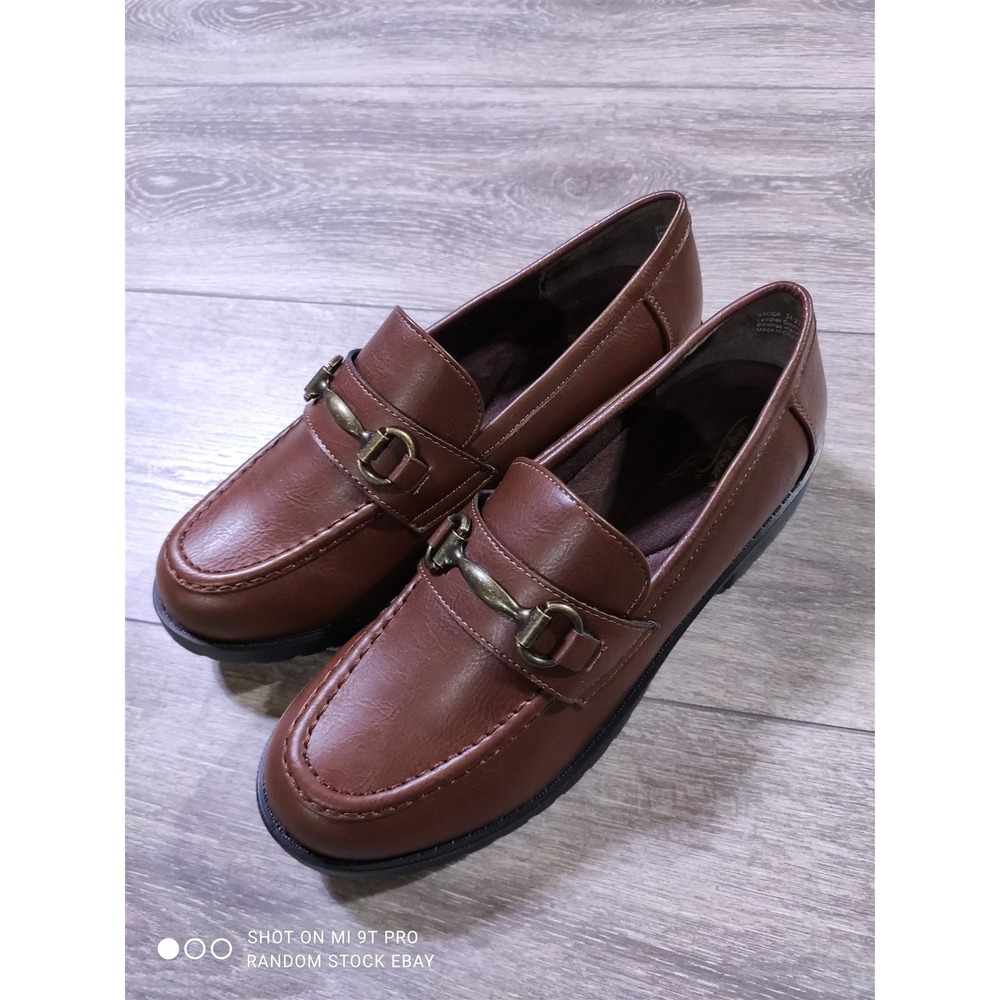 Easy Street Witney Brown Leather Horsebit Loafer Slip On Comfort Heels 8.5 M